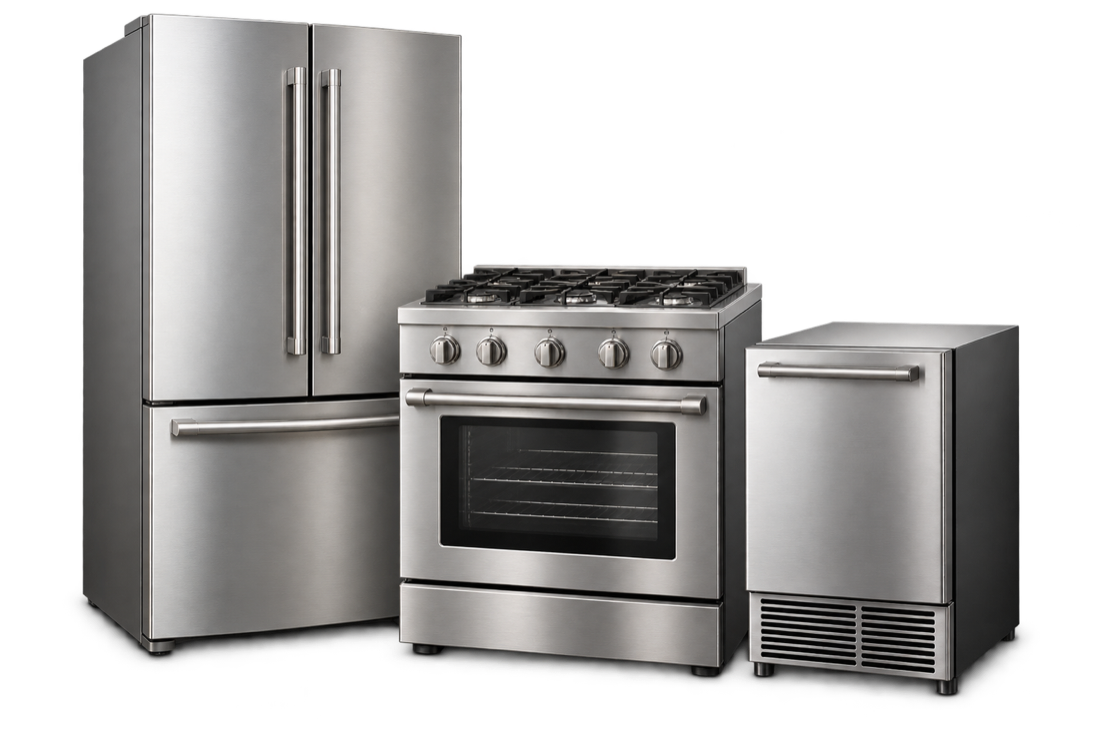 Stainless steel refrigerator, range and ice maker
