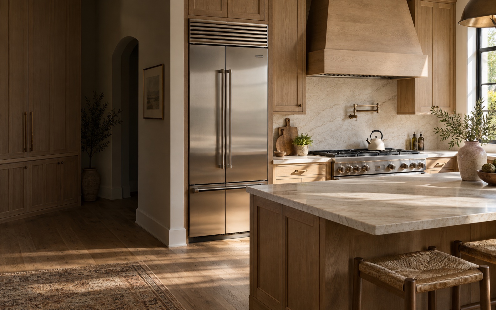 A warm oak kitchen with a stainless steel refrigerator and range